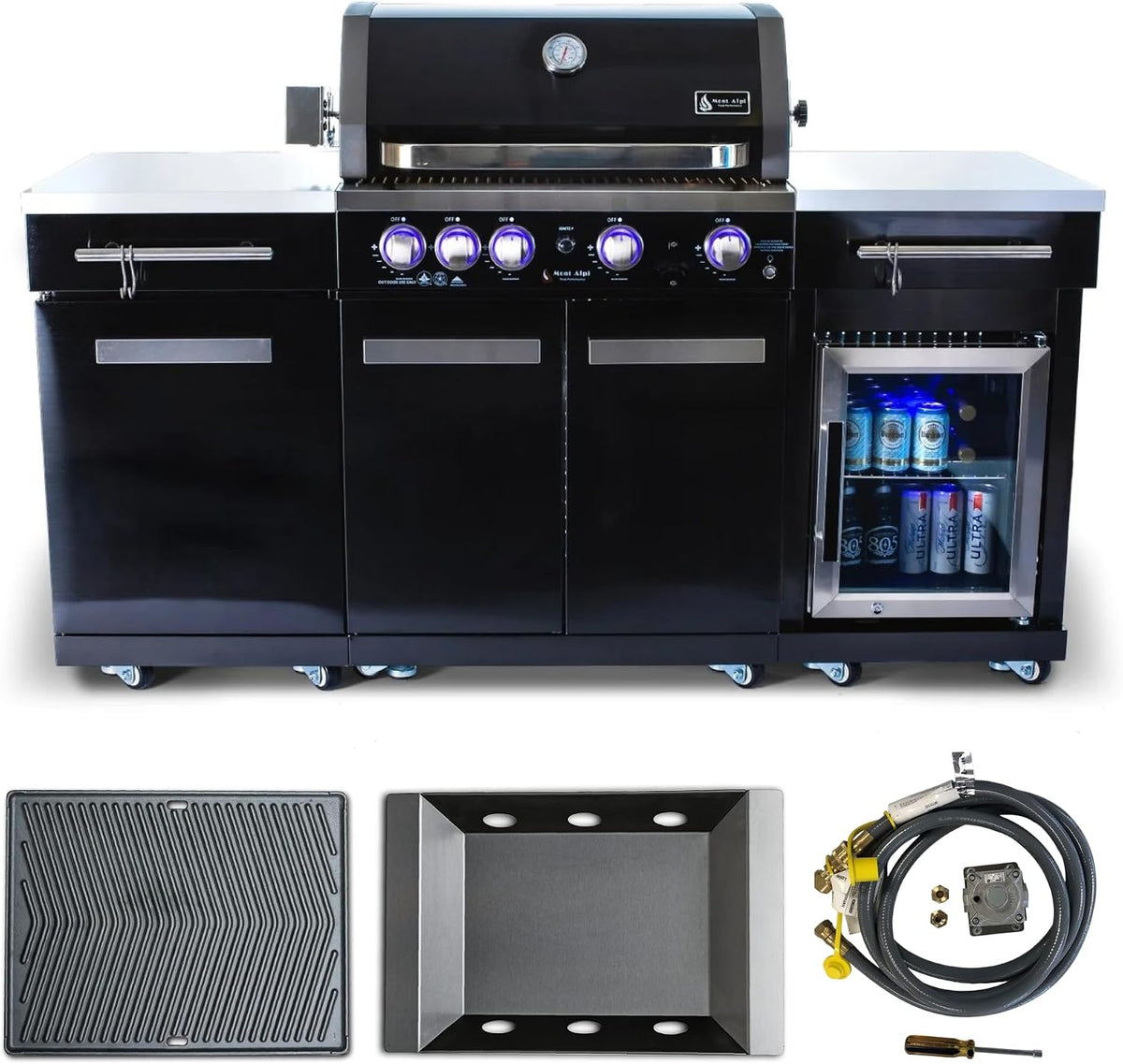 Premium 70"W Black Stainless Steel Outdoor Kitchen Island BBQ Gas Grill with Compact Refrigerator & Rotisserie Burner + Dual Sided Griddle Plate + Charcoal Tray + Natural Gas Conversion Kit