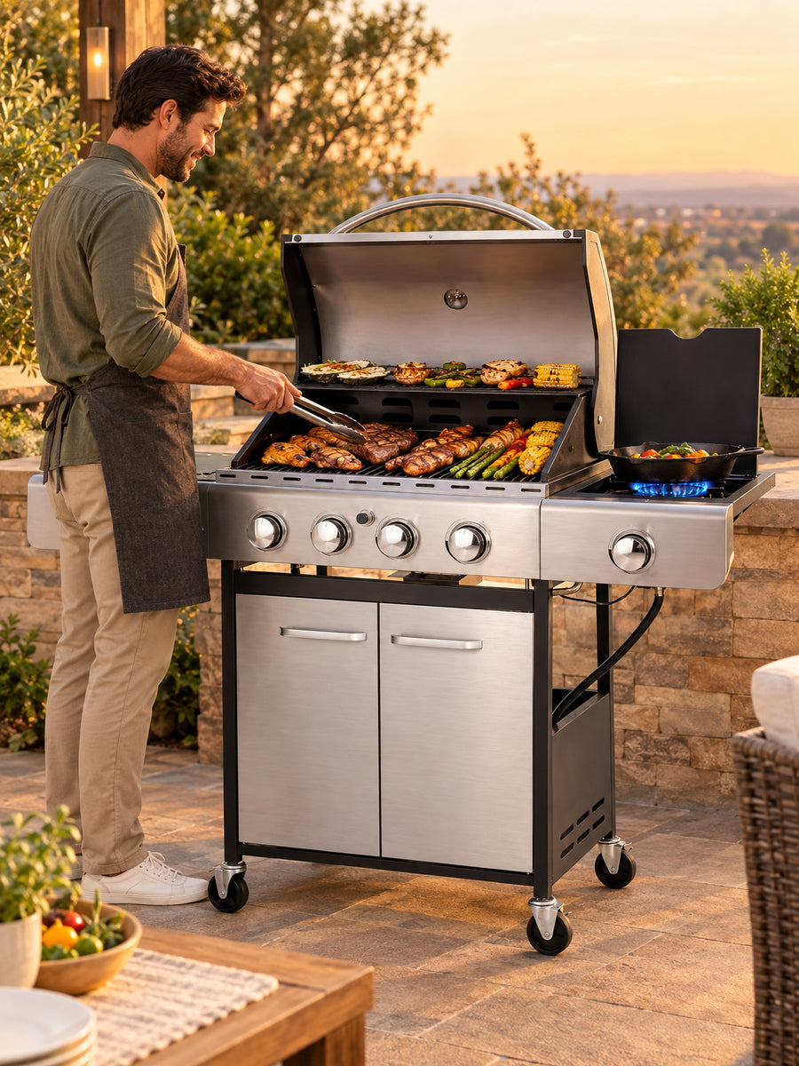 Propane Gas BBQ Grills and Luxury 9-Piece Outdoor Patio Furniture Set, in use
