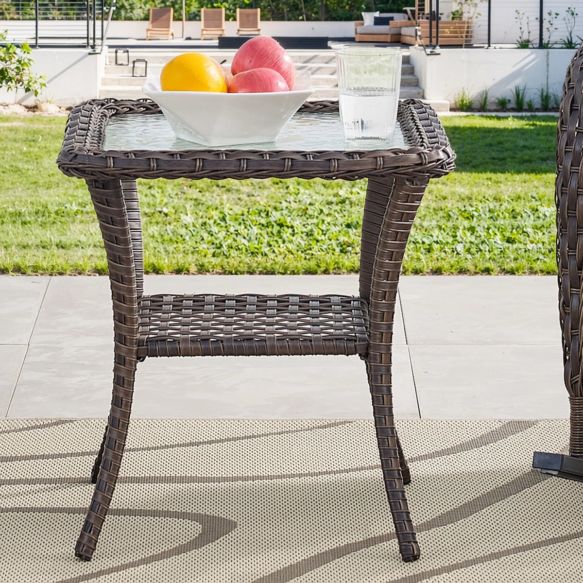 5PCS Patio Furniture Sets with Fire Pit, Brown Wicker Outdoor Patio Furniture Set with Couch, Outdoor Swivel Chair, and 43" Propane Firepit Table for Porch, Deck, Backyard