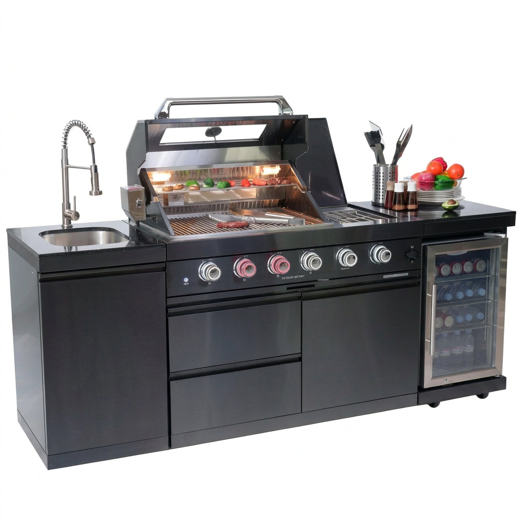 Outdoor Kitchen Island Gas Grill System 4 Burner BBQ Island with Rotisserie Kit, Integrated Sink, Wine Cooler & Granite Countertop