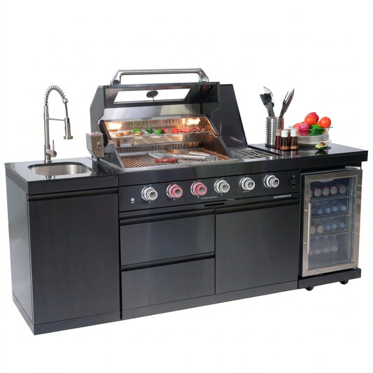 Outdoor Kitchen Island Gas Grill System 4 Burner BBQ Island with Rotisserie Kit, Integrated Sink, Wine Cooler & Granite Countertop