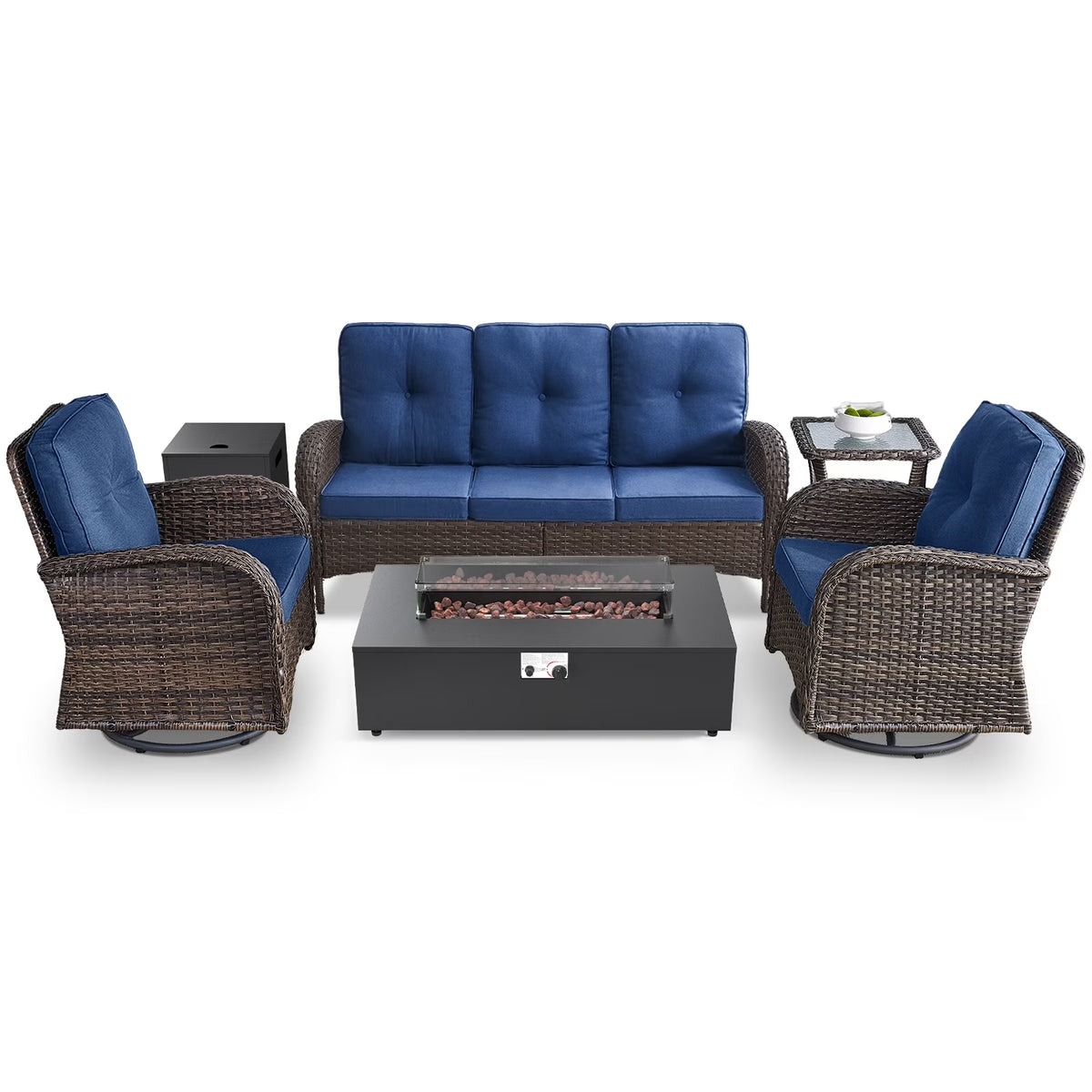 5PCS Patio Furniture Sets with Fire Pit, Brown Wicker Outdoor Patio Furniture Set with Couch, Outdoor Swivel Chair, and 43" Propane Firepit Table for Porch, Deck, Backyard