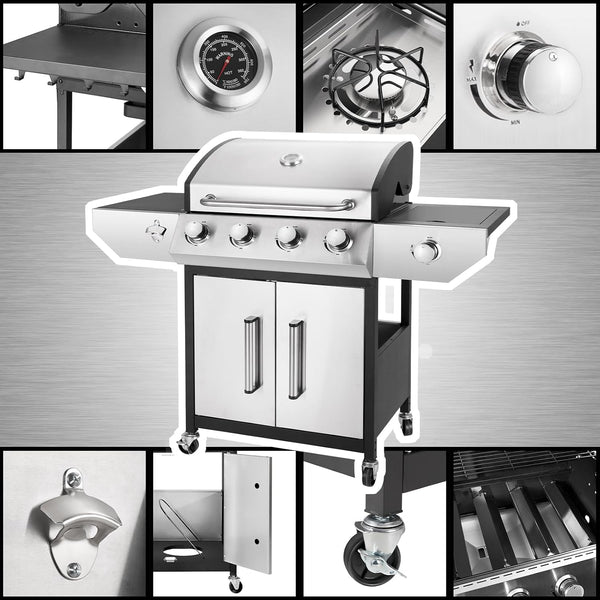 4-Burner Propane Gas BBQ Grill with Side Burner, Barbecue Gas Grill with Enameled Cast Iron Grates for Outdoor Patio Garden Barbecue, 53,000 BTU, Stainless Steel Grill Cover Included
