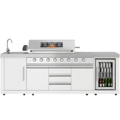 Reserve Outdoor Kitchen Island with 6 Burner Grill and a Side Burner, Sink, Storage Cabinet and Beverage Refrigerator, CSA Listed in Stainless-Steel