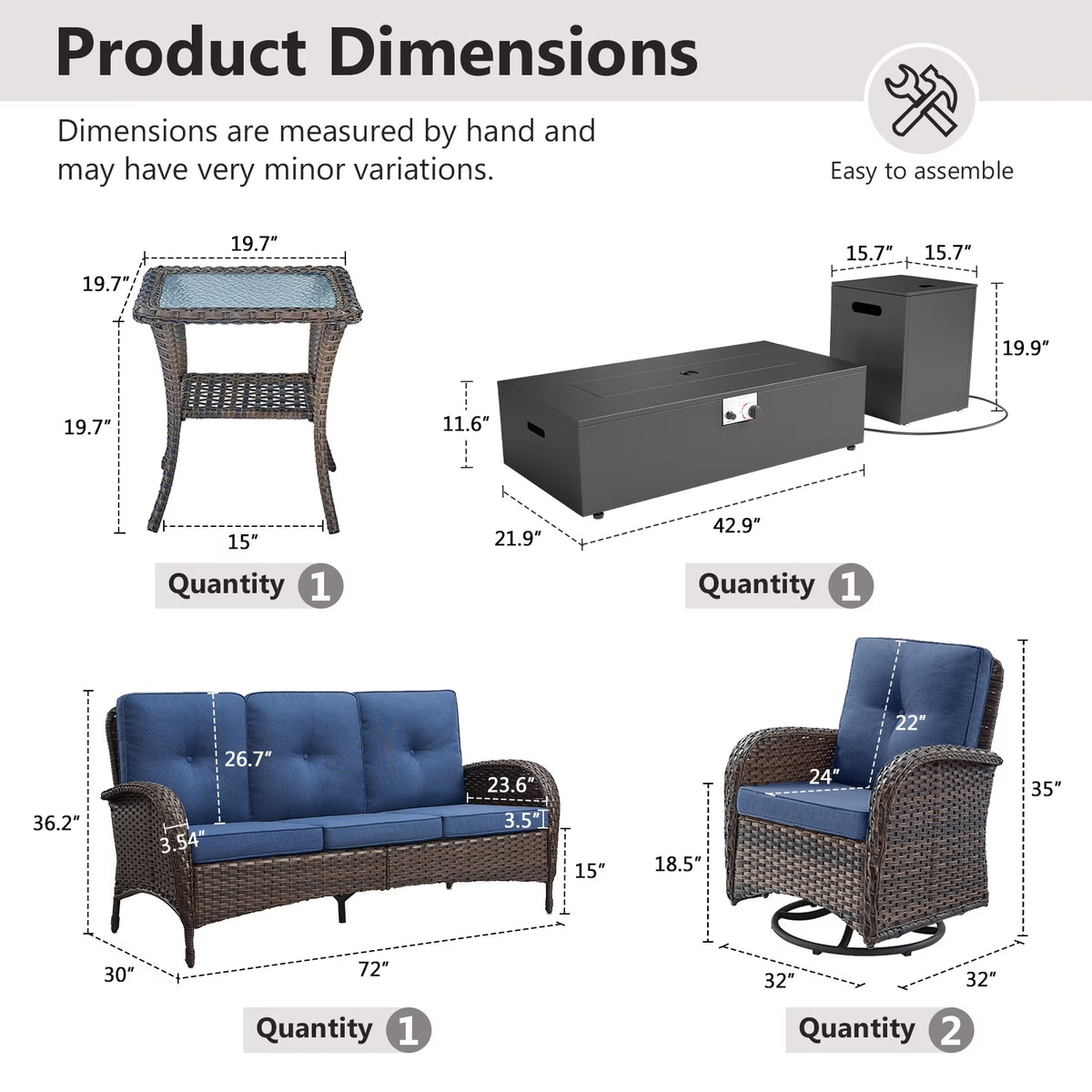 5PCS Patio Furniture Sets with Fire Pit, Brown Wicker Outdoor Patio Furniture Set with Couch, Outdoor Swivel Chair, and 43" Propane Firepit Table for Porch, Deck, Backyard