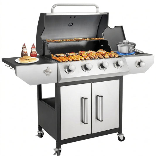 4-Burner Propane Gas BBQ Grill with Side Burner, Barbecue Gas Grill with Enameled Cast Iron Grates for Outdoor Patio Garden Barbecue, 53,000 BTU, Stainless Steel Grill Cover Included