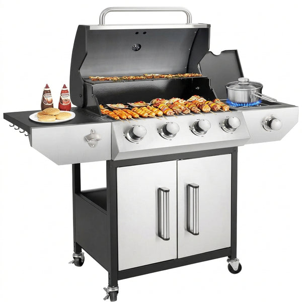 4-Burner Propane Gas BBQ Grill with Side Burner, Barbecue Gas Grill with Enameled Cast Iron Grates for Outdoor Patio Garden Barbecue, 53,000 BTU, Stainless Steel Grill Cover Included