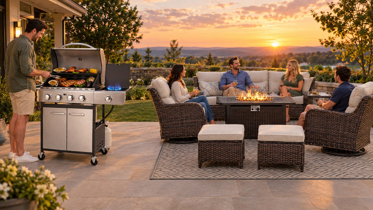 Wide golden-hour backyard scene featuring a stainless steel 4-burner propane gas BBQ grill with side burner