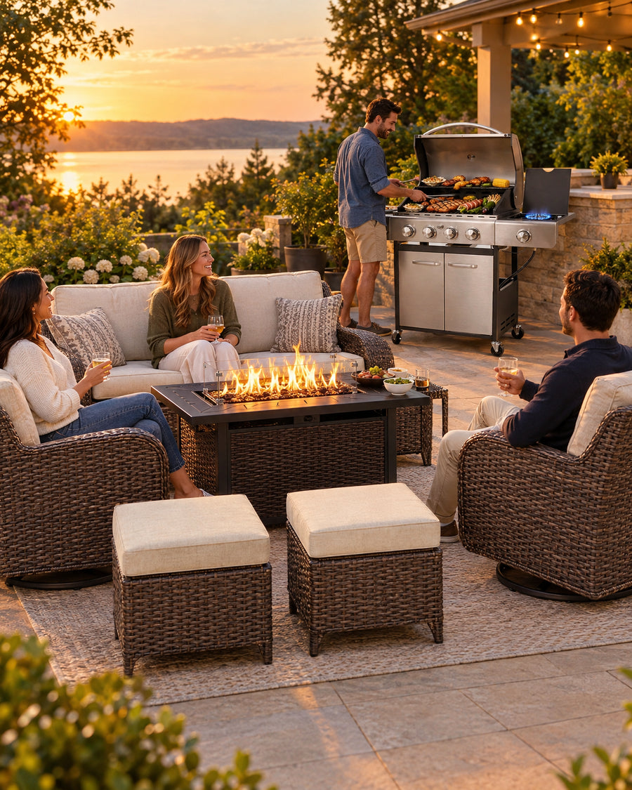 Wide golden-hour backyard scene featuring a stainless steel 4-burner propane gas BBQ grill with side burner