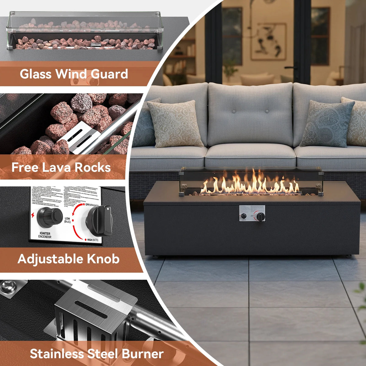 5PCS Patio Furniture Sets with Fire Pit, Brown Wicker Outdoor Patio Furniture Set with Couch, Outdoor Swivel Chair, and 43" Propane Firepit Table for Porch, Deck, Backyard