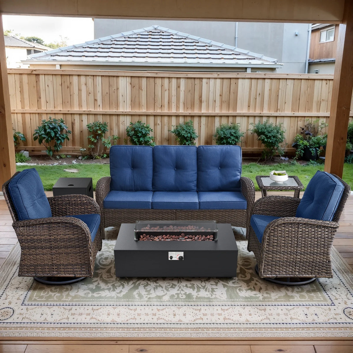 5PCS Patio Furniture Sets with Fire Pit, Brown Wicker Outdoor Patio Furniture Set with Couch, Outdoor Swivel Chair, and 43" Propane Firepit Table for Porch, Deck, Backyard