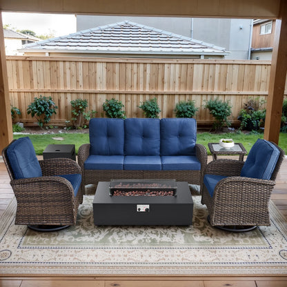 5PCS Patio Furniture Sets with Fire Pit, Brown Wicker Outdoor Patio Furniture Set with Couch, Outdoor Swivel Chair, and 43" Propane Firepit Table for Porch, Deck, Backyard