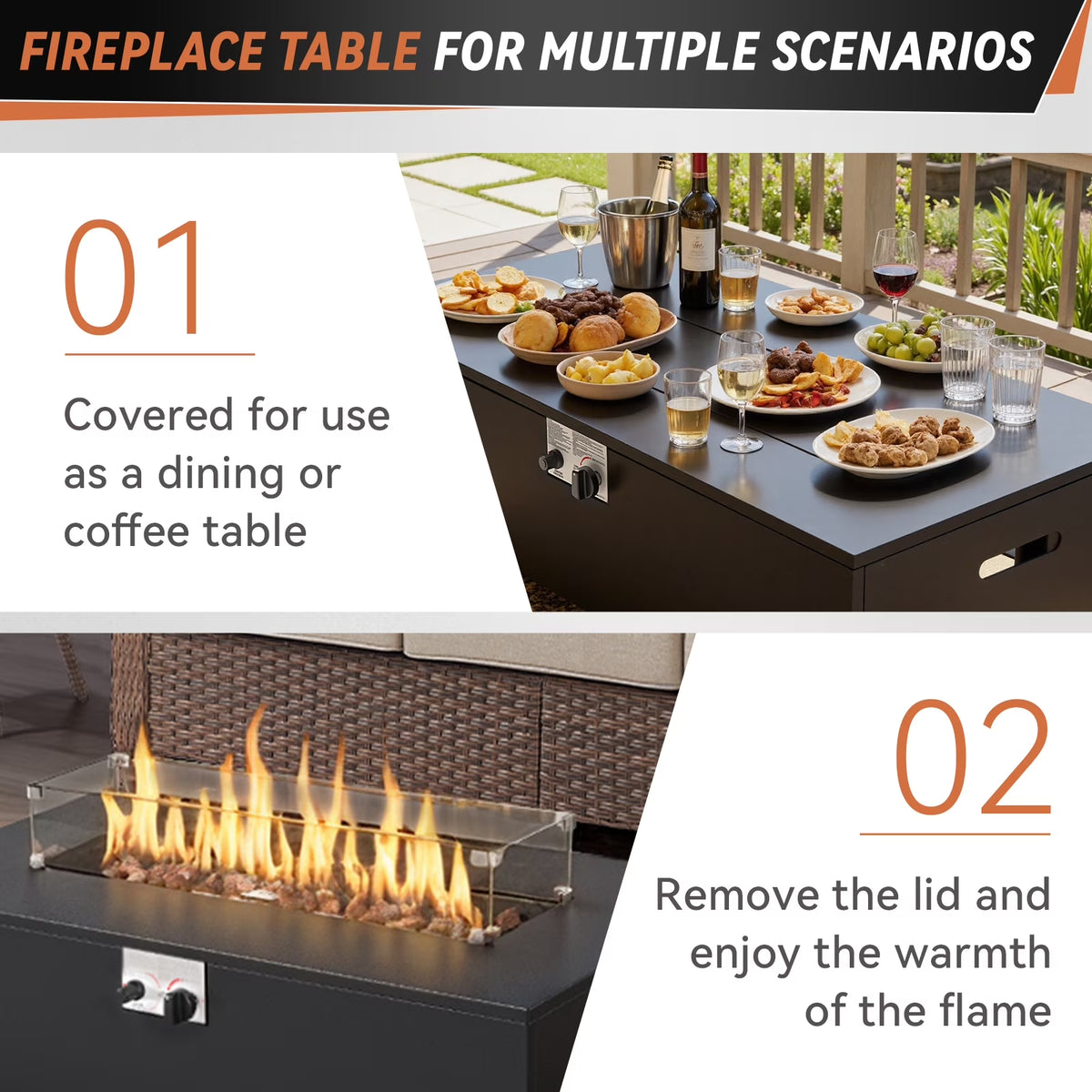 5PCS Patio Furniture Sets with Fire Pit, Brown Wicker Outdoor Patio Furniture Set with Couch, Outdoor Swivel Chair, and 43" Propane Firepit Table for Porch, Deck, Backyard