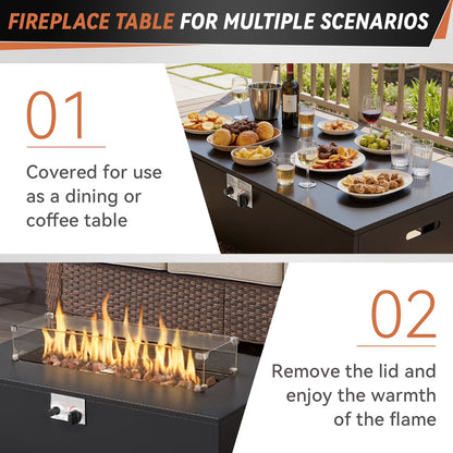 5PCS Patio Furniture Sets with Fire Pit, Brown Wicker Outdoor Patio Furniture Set with Couch, Outdoor Swivel Chair, and 43" Propane Firepit Table for Porch, Deck, Backyard