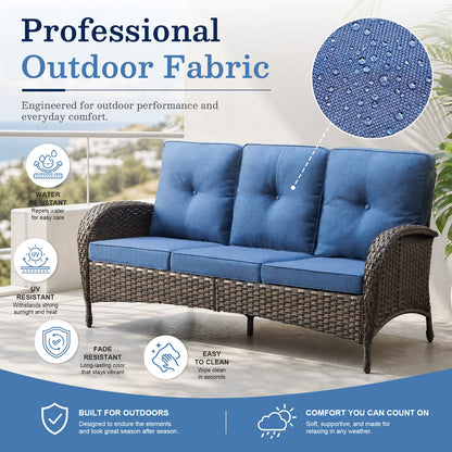 5PCS Patio Furniture Sets with Fire Pit, Brown Wicker Outdoor Patio Furniture Set with Couch, Outdoor Swivel Chair, and 43" Propane Firepit Table for Porch, Deck, Backyard