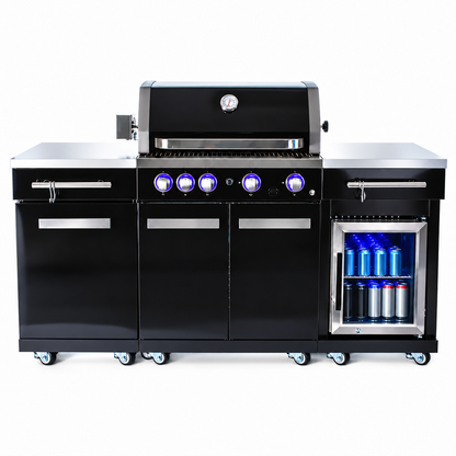 Premium 70"W Black Stainless Steel Outdoor Kitchen Island BBQ Gas Grill with Compact Refrigerator & Rotisserie Burner + Dual Sided Griddle Plate + Charcoal Tray + Natural Gas Conversion Kit