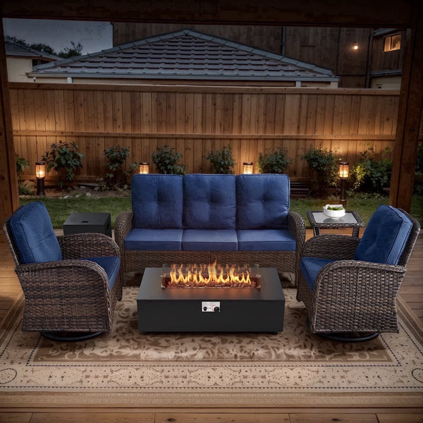 5PCS Patio Furniture Sets with Fire Pit, Brown Wicker Outdoor Patio Furniture Set with Couch, Outdoor Swivel Chair, and 43" Propane Firepit Table for Porch, Deck, Backyard