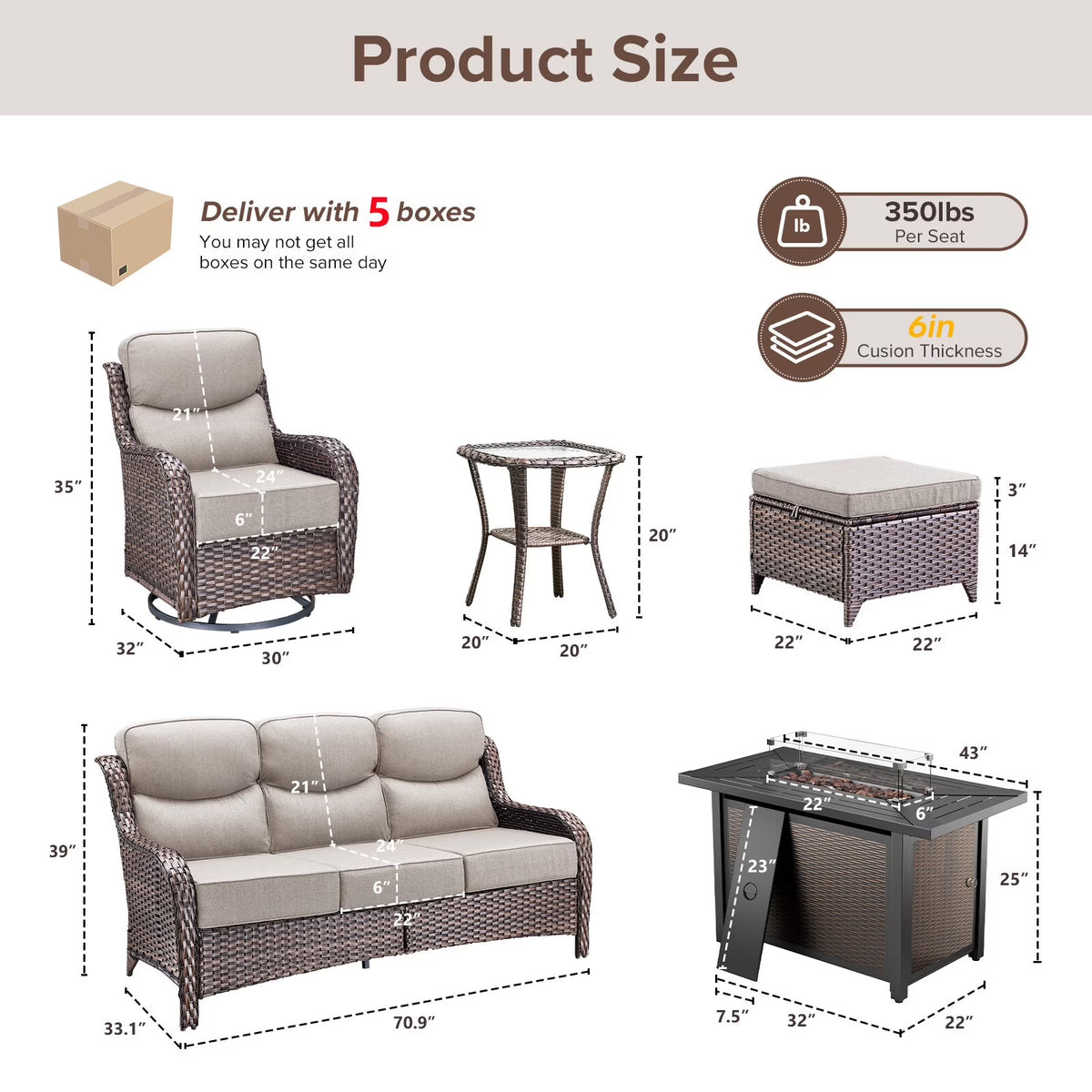 Luxury 9-Piece Outdoor Patio Furniture Set with Fire Pit Table,Swivel Rocker Chairs and 6" Thick Cushions,Wicker Sofa and Ottomans,Patio Conversation Sets for Porch Deck Garden Backyard