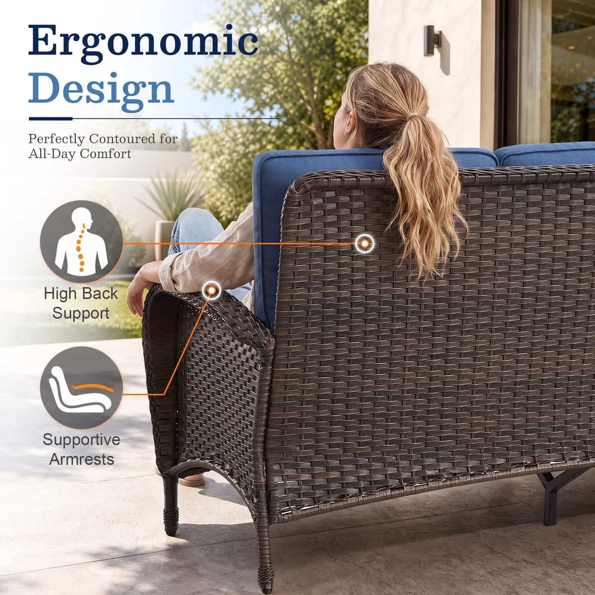 5PCS Patio Furniture Sets with Fire Pit, Brown Wicker Outdoor Patio Furniture Set with Couch, Outdoor Swivel Chair, and 43" Propane Firepit Table for Porch, Deck, Backyard