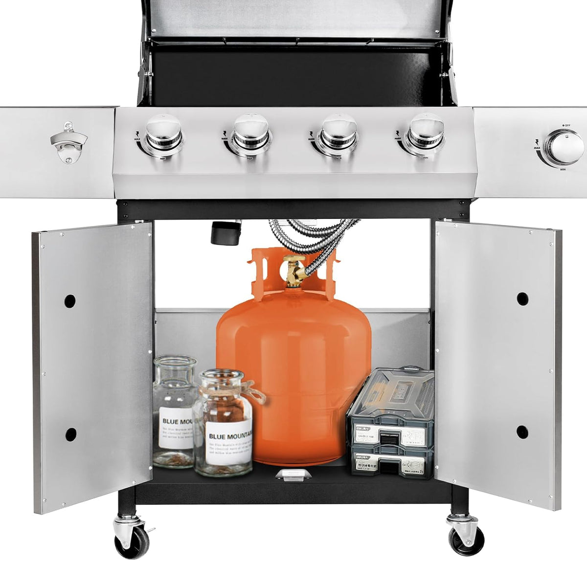 4-Burner Propane Gas BBQ Grill with Side Burner, Barbecue Gas Grill with Enameled Cast Iron Grates for Outdoor Patio Garden Barbecue, 53,000 BTU, Stainless Steel Grill Cover Included