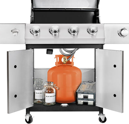 4-Burner Propane Gas BBQ Grill with Side Burner, Barbecue Gas Grill with Enameled Cast Iron Grates for Outdoor Patio Garden Barbecue, 53,000 BTU, Stainless Steel Grill Cover Included