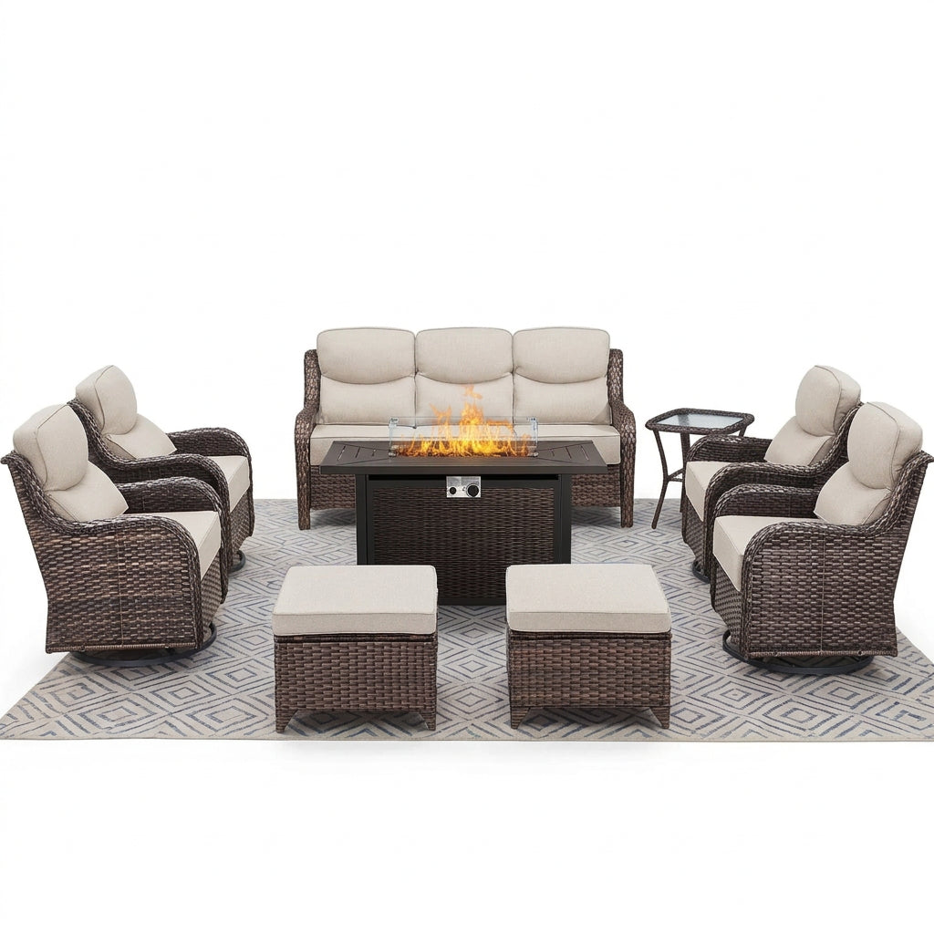 Luxury 9-Piece Outdoor Patio Furniture Set with Fire Pit Table,Swivel Rocker Chairs and 6" Thick Cushions,Wicker Sofa and Ottomans,Patio Conversation Sets for Porch Deck Garden Backyard