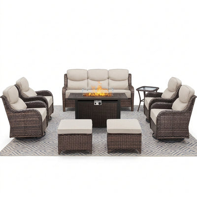 Luxury 9-Piece Outdoor Patio Furniture Set with Fire Pit Table,Swivel Rocker Chairs and 6" Thick Cushions,Wicker Sofa and Ottomans,Patio Conversation Sets for Porch Deck Garden Backyard