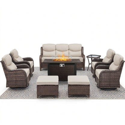 Luxury 9-Piece Outdoor Patio Furniture Set with Fire Pit Table,Swivel Rocker Chairs and 6" Thick Cushions,Wicker Sofa and Ottomans,Patio Conversation Sets for Porch Deck Garden Backyard