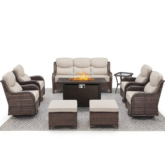 Luxury 9-Piece Outdoor Patio Furniture Set with Fire Pit Table,Swivel Rocker Chairs and 6" Thick Cushions,Wicker Sofa and Ottomans,Patio Conversation Sets for Porch Deck Garden Backyard