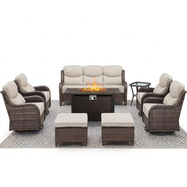 Luxury 9-Piece Outdoor Patio Furniture Set with Fire Pit Table,Swivel Rocker Chairs and 6" Thick Cushions,Wicker Sofa and Ottomans,Patio Conversation Sets for Porch Deck Garden Backyard